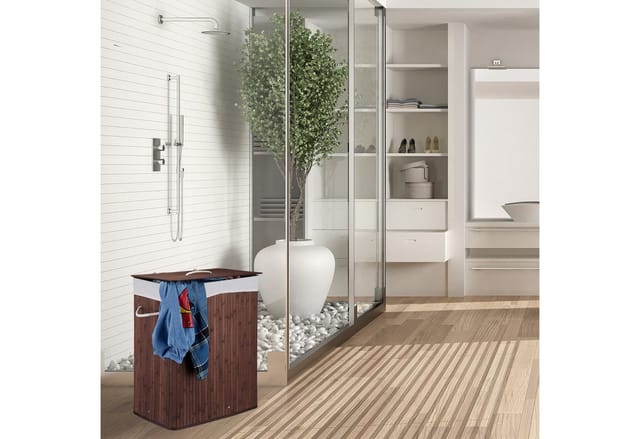 Relaxdays Wäschekorb Bambus mit Deckel, rechteckiger Wäschesammler, 2 Fächer, 95 l Volumen, faltbare Wäschebox, schwarz