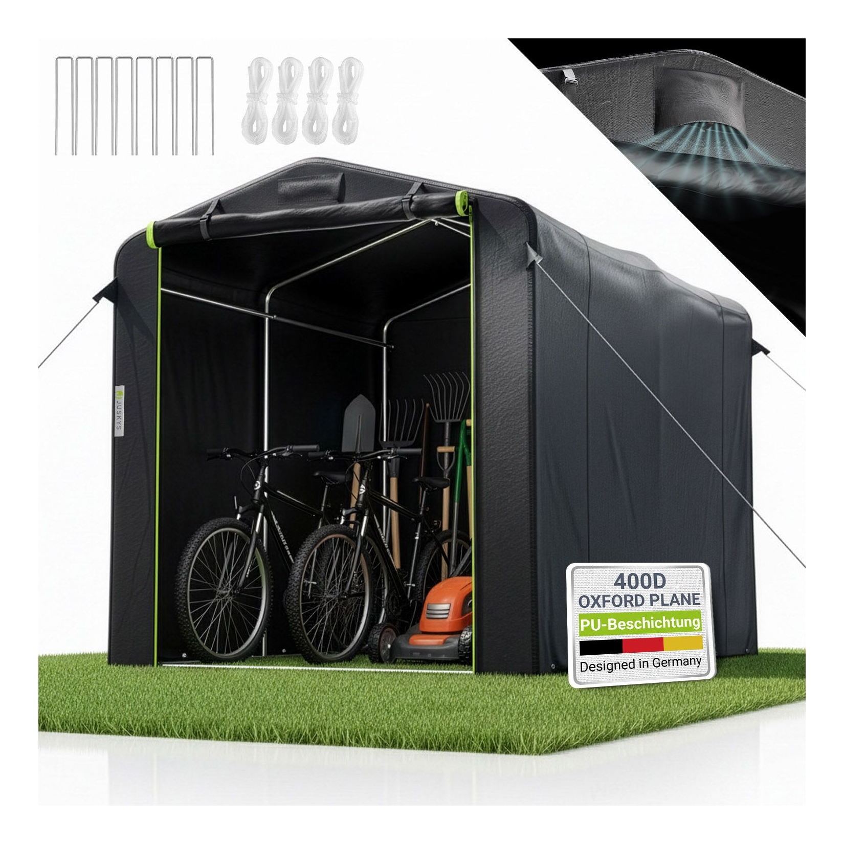 Juskys® Gerätezelt M - 6,2 m³ Outdoor Unterstand mit Fenster & Tür, 220x160x175 cm, wasserfeste Plane & Metallrahmenkonstruktion, Schutz im