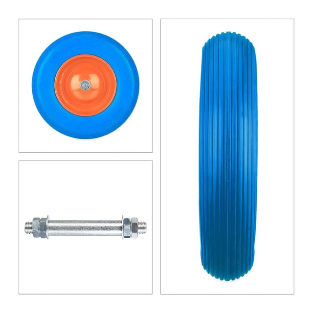 Relaxdays - Schubkarrenrad 4.80 4.00-8, Vollgummi, Stahlfelge, mit Achse, Ersatzrad Schubkarre, pannensicher, blau/orange