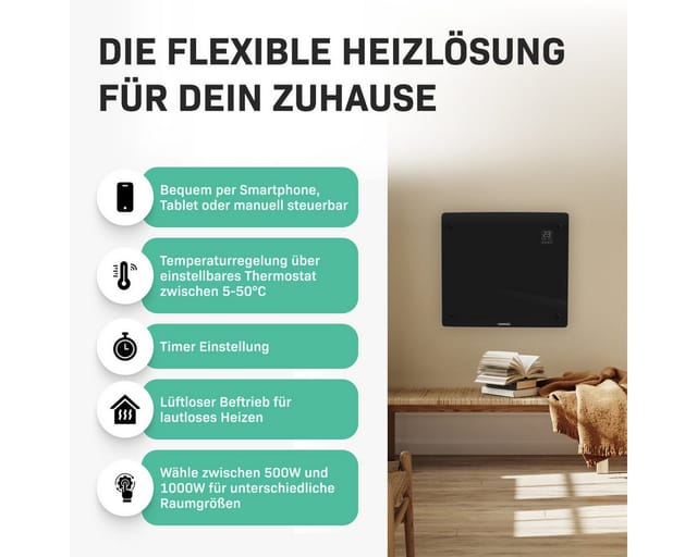 Glasplatten-Konvektorheizgerät – 1000W - 12m2 – Manuelle und WLAN-Steuerung – Einstellbarer Thermostat und Timer – Schwarz