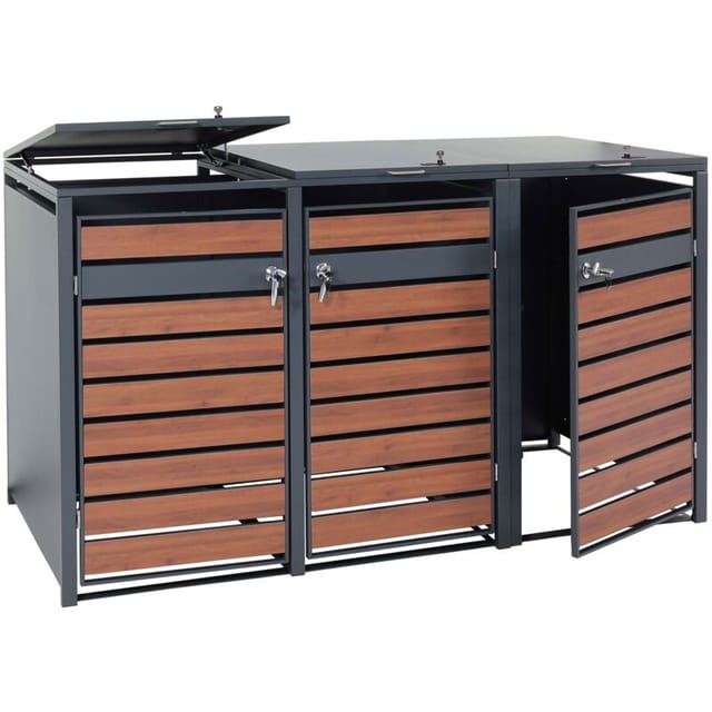 3er Mülltonnenverkleidung HHG 352, Mülltonnenbox, erweiterbar, Metall 82kg, anthrazit Kirsche-Holzoptik dunkelbraun