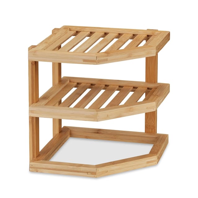 Relaxdays Schrankeinsatz Bambus, HBT 25,5 x 25,5 x 25,5 cm, Eckregal für Arbeitsplatte & Küchenschrank, 2 Ablagen, natur