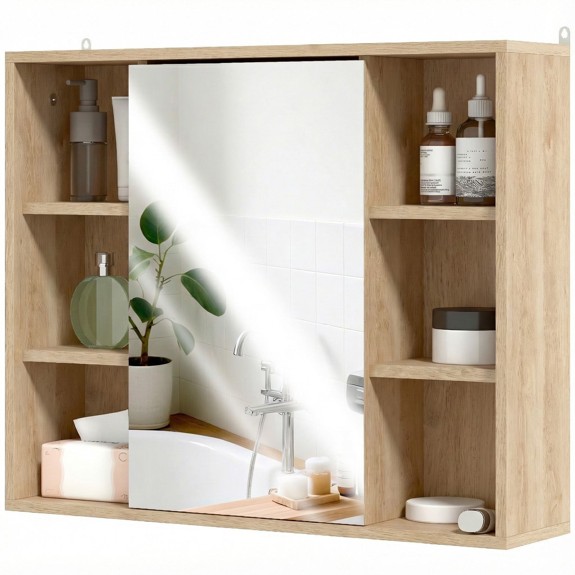 Badezimmer-waschtisch Mit Spiegel, Schrank Mit Türen Und 6 Ablagefächern, 60 X 14,5 X 49,4 Cm, Naturholz