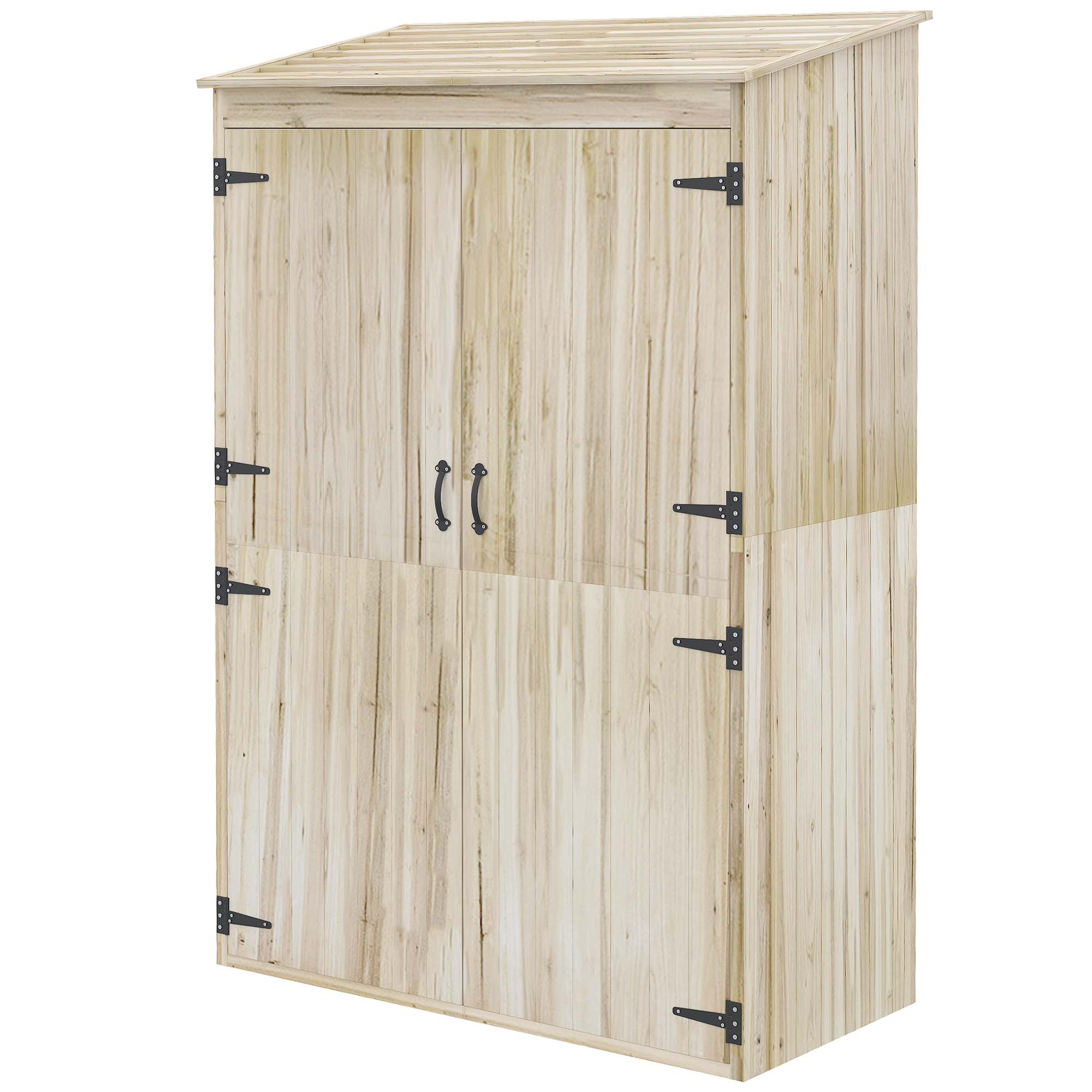 Gartenschrank Aus Naturholz, 120 X 57 X 183 Cm, 2 Einlegeböden, 2 Türen, Schräges Dach