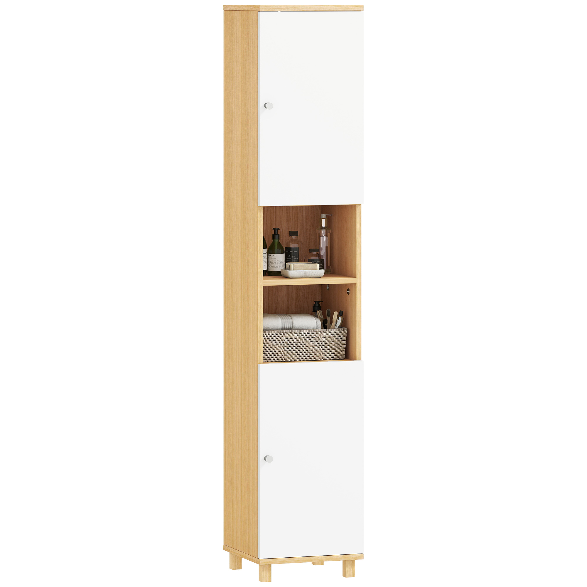 Badezimmerschrank Mit 2 Schränken Und Offenen Regalen, Verstellbare Einlegeböden, 30 X 30 X 166 Cm, Weiß Und Holz