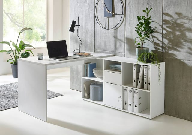 BMG Möbel Eckschreibtisch Lena in weiß mit abschließbarer Tür, Computertisch, Winkelschreibtisch, Homeoffice, Bürotisch, Made in Germany