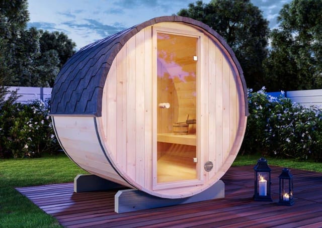 FinnTherm Fasssauna Mini XS Fasssauna 2 Sitzbänke aus Holz , Sauna mit 42 mm Wandstärke, Außensauna mit Montagematerial