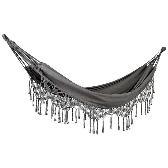 Hängematte Grau aus Baumwolle und Polyester mit Fransen Handgewebt UV-Beständig Romantisch Garten Camping Outdoor