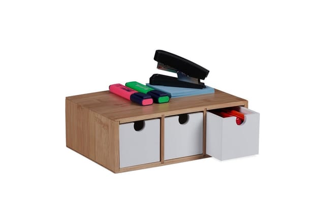 Schubladenbox, Bambus & mdf, Mini Kommode 3 Schubladen, hbt 9 x 26 x 18 cm, Schreibtisch Organizer, natur/weiß - Relaxdays