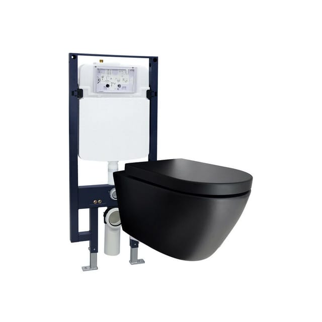 WC-Komplettpaket Bernstein 42 B-8030R Schwarz matt mit Soft-Close Sitz Vorwandelement G3008 Betätigungsplatte Schwarz Glas