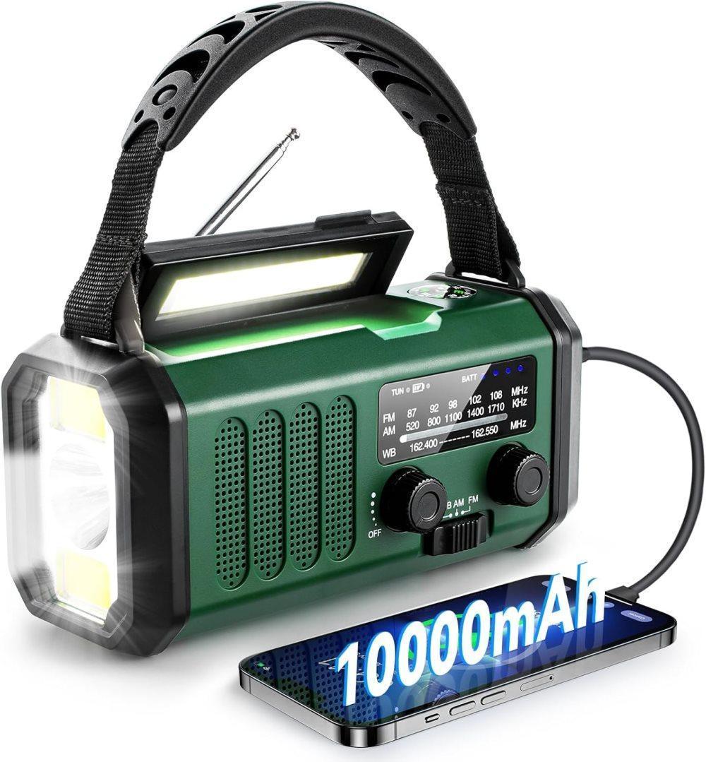 Radio D'Urgence 10 000 Mah Avec Lampe Torche, Radio À Manivelle Solaire, Radio Météo Am/fm, Alarme Sos, Chargeur Usb-c