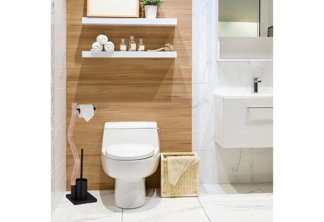 Wc Garnitur, stehender Toilettenpapierhalter, Toilettenbürste mit Bürstenhalter, 75x18,5x18,5cm, schwarz/natur - Relaxdays