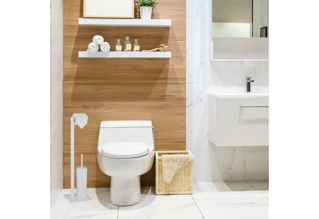 Wc Garnitur, stehender Toilettenpapierhalter, Toilettenbürste mit Bürstenhalter, Stahl, hbt: 72x20x20 cm, weiß - Relaxdays