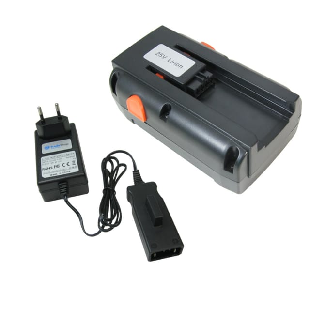 Trade-shop - 2in1 Set: Li-Ion Akku 25V / 4000mAh + Ladegerät inkl. Netzteil passend für Gardena 380LI 380C 380EC Spindelmäher