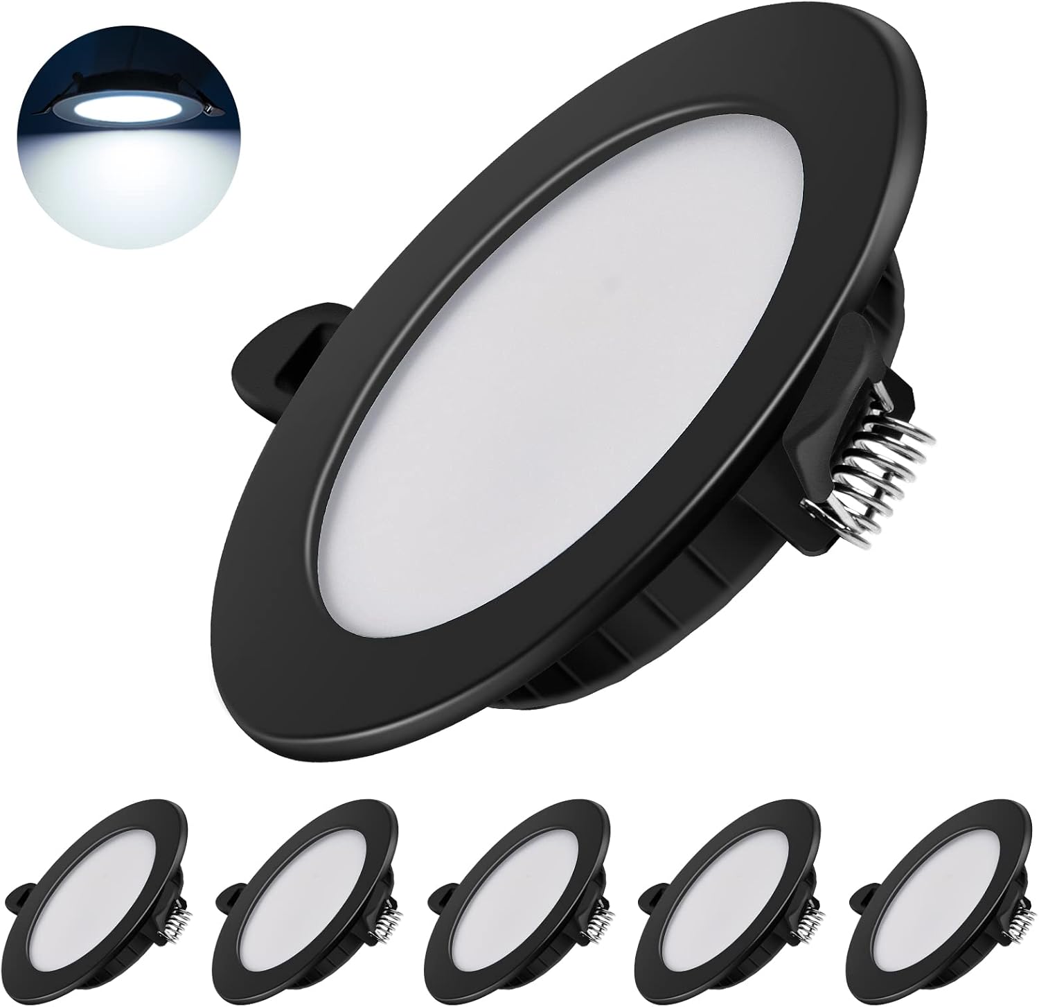 Spots Encastrés Led Ultra-fins 230 V, Lot De 6 Spots Encastrés 7 W, Spots De Plafond À Économie D'Énergie, Ip44, Noir, 6000 K
