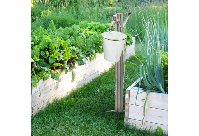 Wasserzapfstelle, mit Erdspieß & Schlauchhalter, hbt: 66x29x15 cm, Garten Wassersäule, rund, Edelstahl, silber - Relaxdays