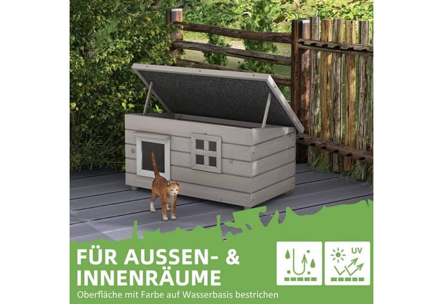 Katzenhaus Katzenhütte mit Asphaltdach Katzenhöhle Kleintierhaus mit Fenster für Katzen Hunde Outdoor Winterfest Tannenholz Grau Schwarz 87 x 52 x 44