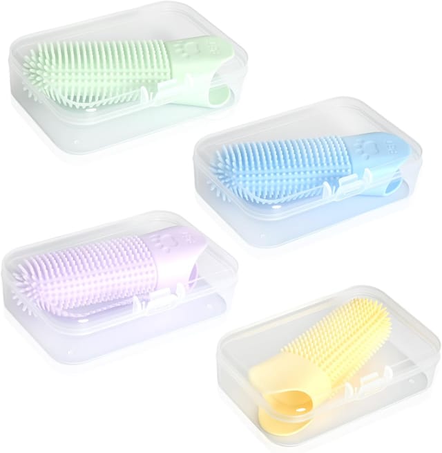 4-teiliges Silikon-fingerzahnbürsten-set Für Hunde Und Katzen, 360° Drehbar, Wiederverwendbar, Mit Box, Vollständig Verpackt, Für Zahnpflege Und Frischen Atem, Blau, Grün, Gelb, Lila