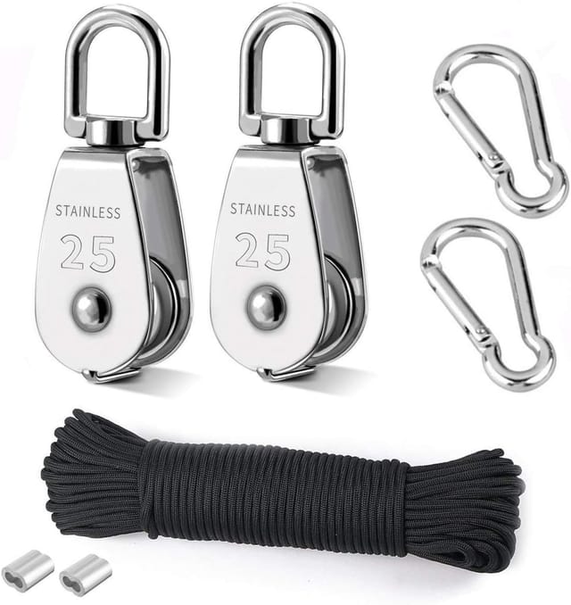 Heberolle, 2 Stück 25-mm-rolle Aus Edelstahl 304, 2 Stück M25-einzelrolle, Für Seile Und Kabel, Mit 8-mm-kletterseil (20 M).