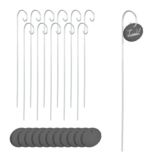 Schiefer Pflanzenschilder, 12er Set, zum Beschriften, wetterfest, Metallstab, Schiefertafel, anthrazit/ silber - Relaxdays