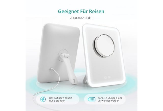Kosmetikspiegel mit Beleuchtung, 3 Lichtfarben und 3X Fach Vergrößerungsspiegel Schminkspiegel mit licht-180° Drehbar usb Wiederaufladbar, Makeup