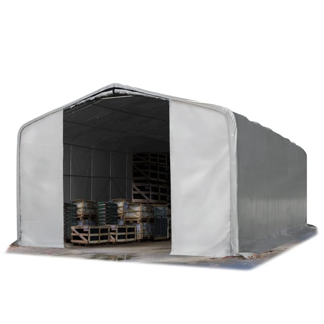 TOOLPORT Standsichere Lagerhalle / Lagerzelt 8 x 12 m / H 4m / mit Statik feuersichere PRIMEtex PVC Plane 2300 N Weidezelt grau