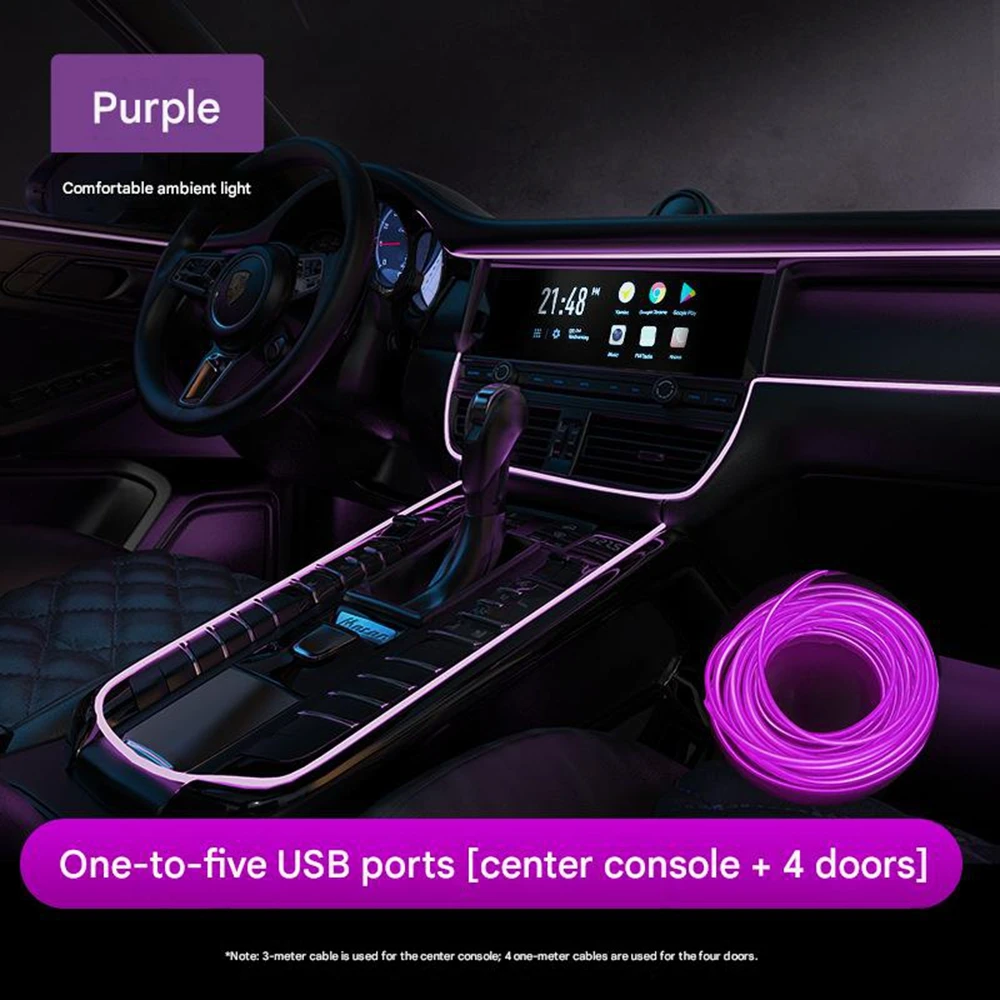 Led-ambientebeleuchtungsset Für Den Fahrzeuginnenraum Mit Usb-anschluss – Dekorativer Neonlichtstreifen Ohne Verkabelung Für Armaturenbrett Und 4 Türen (lila Set, 1 Bis 5 Usb-anschlüsse Für Mittelkons