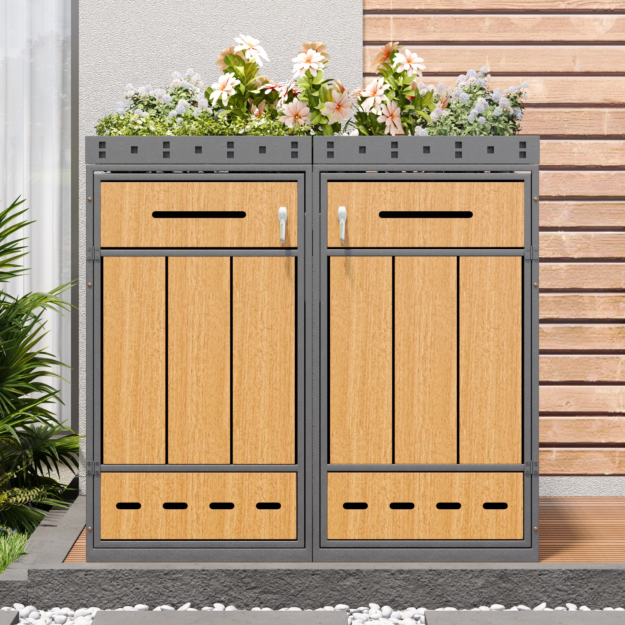 Mülltonnenbox Für 2 Tonnen Mit Pflanzkasten, 132 × 80 × 124 Cm, Für 120–240-l-mülltonnen, Outdoor-mülltonnenverkleidung, Grau/holz
