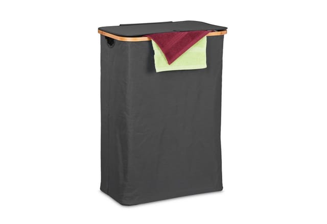 Wäschekorb mit Deckel, 105 l, Wäschesammler, Bambus & Polyester, faltbar, tragbar, Wäschekiste, schwarz/natur - Relaxdays