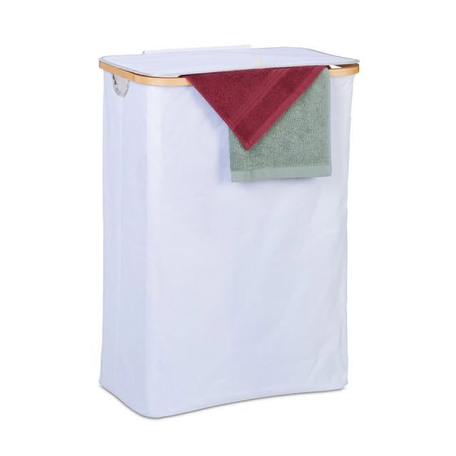 Wäschekorb mit Deckel, 105 l, Wäschesammler, Bambus & Polyester, faltbar, tragbar, Wäschekiste, weiß/natur - Relaxdays