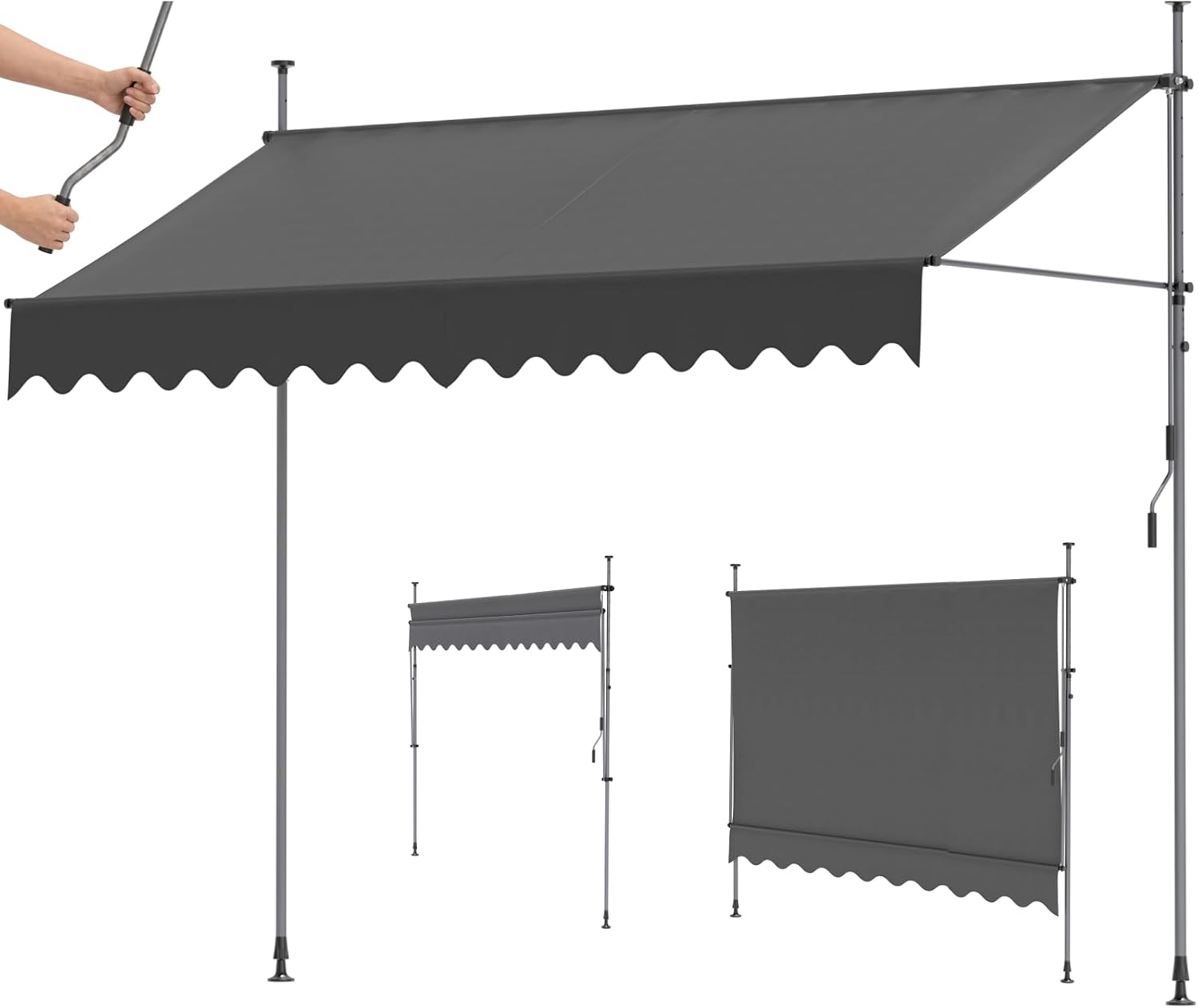 Klemmmarkise 300 Cm Breit,markise Ohne Bohren Mit Handkurbel,grau Pu-beschichtung,höhenverstellbar,wasserschutz,sonnenschutz Uv-schutz,metall,sichtschutz Für Garten,terrasse,aluminium,balkon