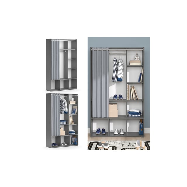 Kinderkleiderschrank Luigi, Grau, 105.8 x 178.1 cm mit Vorhang-Kleiderstange Vicco