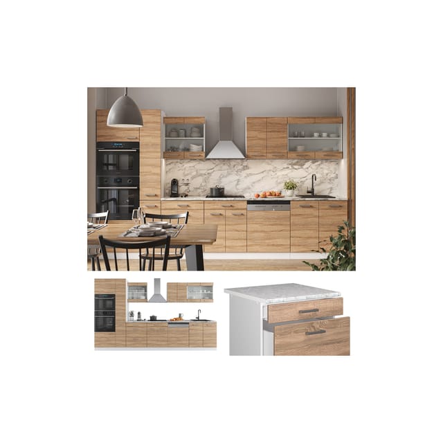 Vicco - Küchenzeile R-Line, Sonoma/Weiß, 350 cm mit Hochschrank, ohne Arbeitsplatte