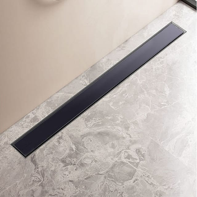 Finmrys - Duschrinne 80 cm Schwarz Glas Edelstahl komplettset Duschablauf Extra Flach Herausnehmbaren Siphon mit Haarsieb Linearer Duschabfluss
