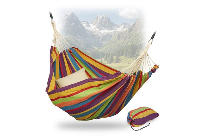Relaxdays Hängematte Baumwolle, BxT: 150 x 190 cm, mit Befestigungsset, bis 300 kg, tragbar, XXL Stabhängematte, bunt