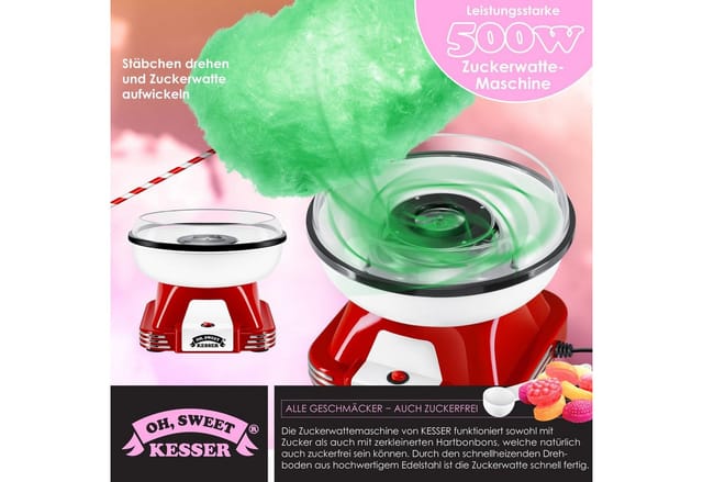 Zuckerwattemaschine Set für dein zuhause - Mit 30x Zuckerwatte Stäbchen & Messlöffel - Retro Cotton Candy Maschine - Zuckerwatte Maschine Rot / Weiß
