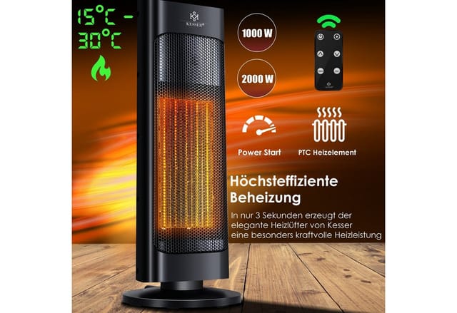Heizlüfter mit Fernbedienung energiesparend leise 2000W Keramik Heizstrahler Standheizstrahler 15-30°C - Schnellheizer mit 80° Oszillationsfunktion