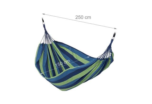 Relaxdays Hängematte Baumwolle, BxT: 150 x 190 cm, mit Befestigungsset, bis 300 kg, tragbar, Stabhängematte, blau-grün