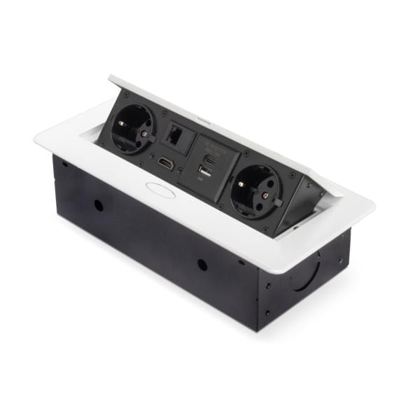 Multistecker Atom 26, 225x111mm, 2 Schuko-Stecker, 1 usb Typ a, 1 usb Typ c, 1 RJ45, 1 hdmi, Zamak-Stahl-Kunststoff, Weiß - Emuca