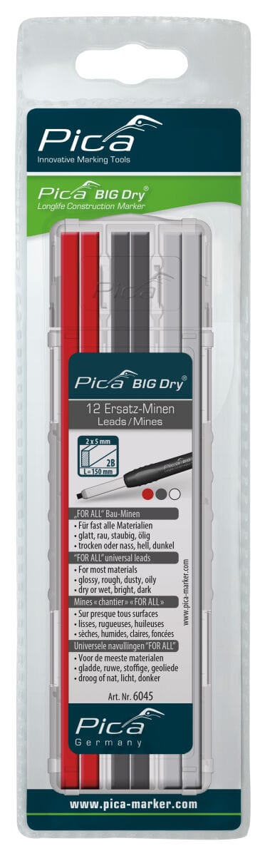 Pica Marker - Pica big Dry Ersatz-Minen, 12 Wasserlösliche 'for all' Bau-Minen Graphit 2B, Weiß & Rot, 6045