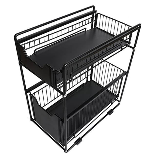 Haloyo 2-stufiges Schieberegal, 2-stufige Netz-Schiebekörbe, 2 Körbe, für Badezimmer, Küche, Theke, Schrank, Schwarz