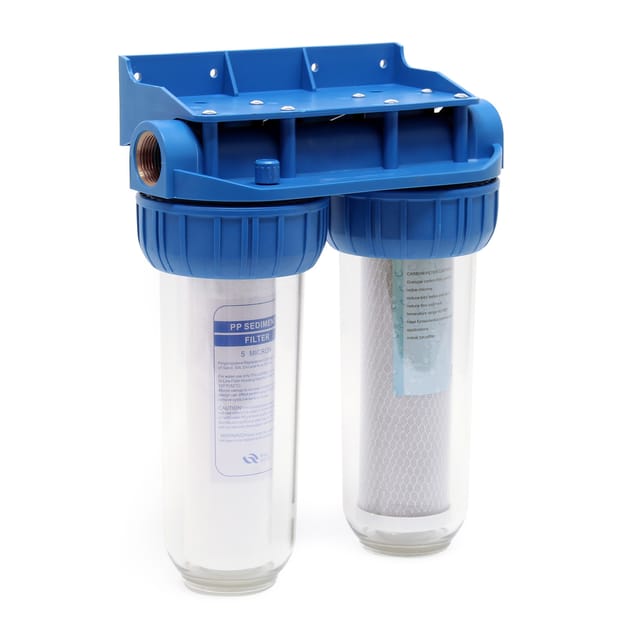 Naturewater NW-BR10B3 2 Stufen Wasserfilter Doppelfilter, 5 µ, 32,89 mm (1"), Ø62 mm PP Kartusche, Filter Wandhalterung, Filterschlüssel,
