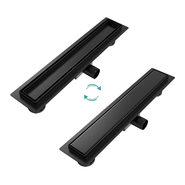 Duschrinne 50 cm Edelstahl Befliesbar 2 in 1 Komplettset Bodenablauf Dusche Siphon, Extra Flach Abflussrinne Haarsieb Randablauf Schwarz - Emke