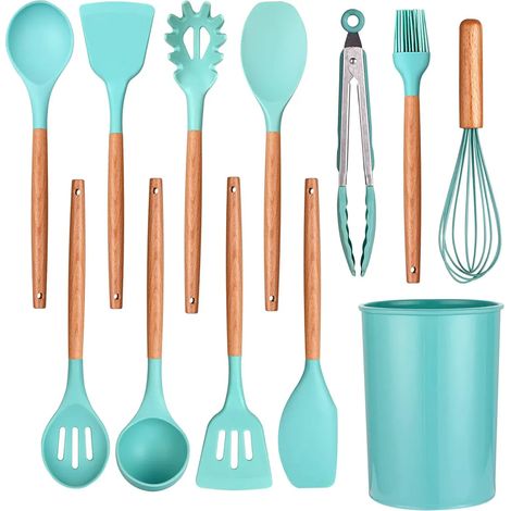 12-teiliges Küchenutensilien-set Aus Silikon Mit Ständer, Utensilien Mit Holzgriffen, Antihaftbeschichtet Und Hitzebeständig, Inklusive Pfannenwender Und Küchenzubehör.