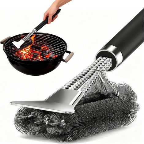 3-in-1 Grillreinigungsset – Hochwertige Grillbürste Aus Edelstahl Mit Schaber Und Aufhängeöse, Extra Lange Borsten Für Gas-, Holzkohle-, Elektro- Und Kugelgrills