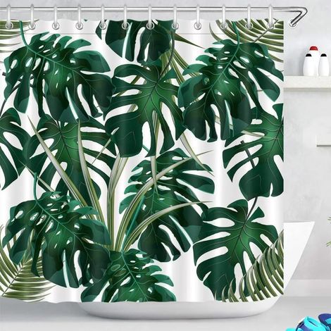Duschvorhang 180 X 200 Cm, Dunkelgrünes Monstera-blattmuster, Wasserdicht Und Schimmelresistent, Aus Weißem Polyester, Mit 12 Haken, Inspiriert Von Tropischen Dschungelpflanzen.