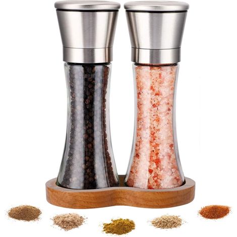 Gewürzmühle Mit Tablett, Pfeffermühle Mit Einstellbarem Mahlgrad – Salz- Und Pfeffermühle Aus Edelstahl, 2-teiliges Set, Für Gewürze, Pfeffer, Salz Und Chili