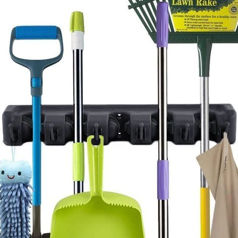 Wandmontierter Halter Für Besen Und Mopps, Wandorganizer Mit 6 Haken Und 5 Schnellverschluss-moppclips.