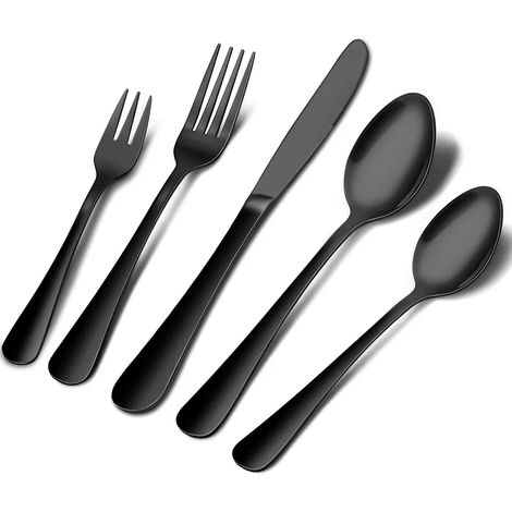 Schwarzes Besteckset, 10-teilig, Edelstahl, Messer, Gabel, Löffel, Hochglanzpoliert, Glatte Kanten, Für 2 Personen, Hochglanzpoliert (schwarz)
