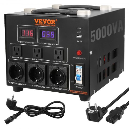 Vevor 5000w Spannungswandler Transformator Ac 110v⇋220v Transformer Wandler 3x Us Nema 5-15r 3-polige / 3x Europäische Shucko-ausgangssteckdosen, 1x 5v-usb-anschluss Und 1x Typ-c-buchse